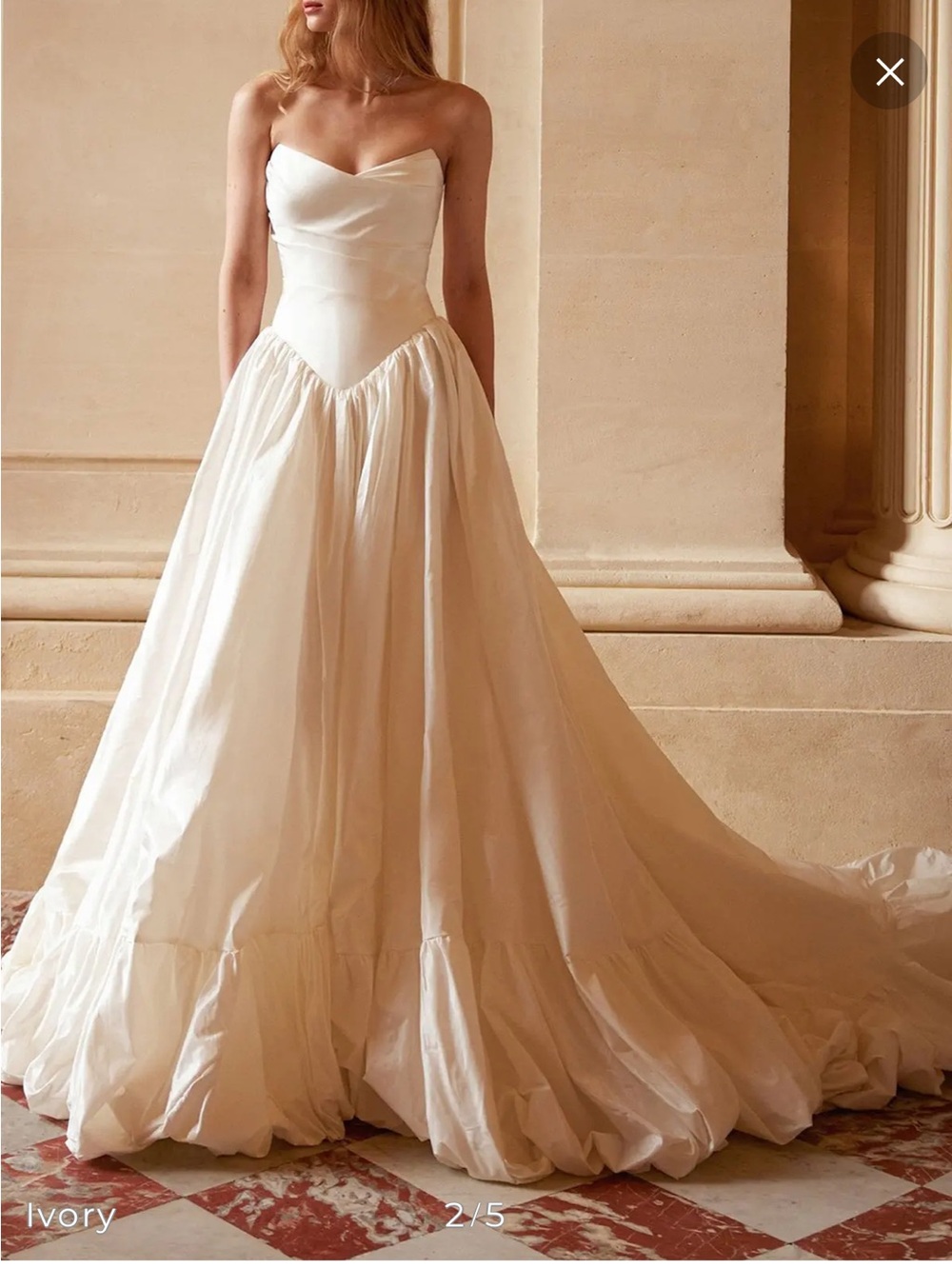 Ivory Strapless Ruffled Ball Gown Wedding Dress - Picture 2 of 6